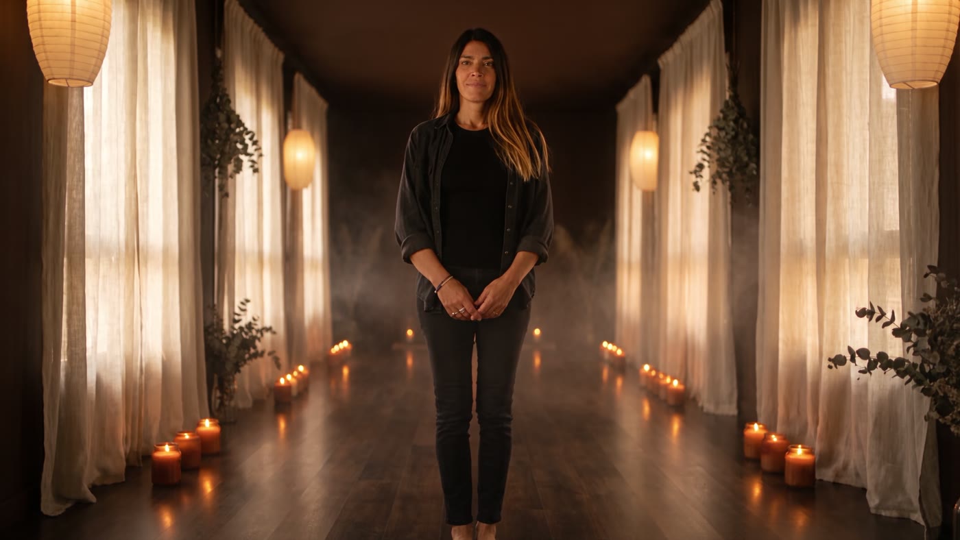 Viviana in piedi, serena, nel santuario illuminato dalle candele